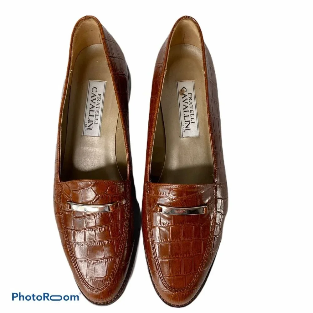 Fratelli Cavallini Womens Shoes 10M Brown Loafers Croc Print Leather NWOT - Picture 2 of 9